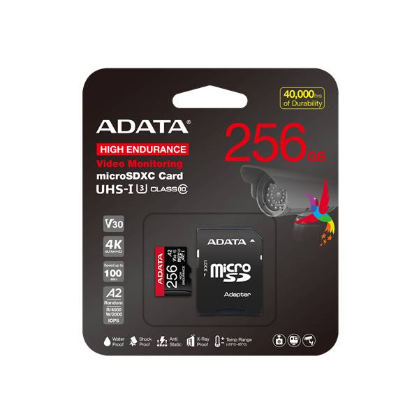 ADATA MicroSD kártya - 256GB microSDXC UHS-I U3 Class10 A2 V30S High Endurance (R/W: 100/85 MB/s, 24/7 record) + adapter
