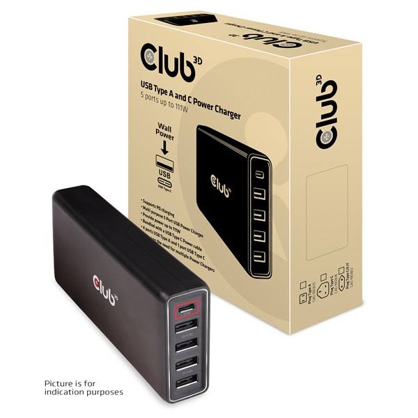 Club 3D Átalakító - CAC-1903 (5 port, 111W töltő, 4xUSB-A, 1xUSB-C PD)