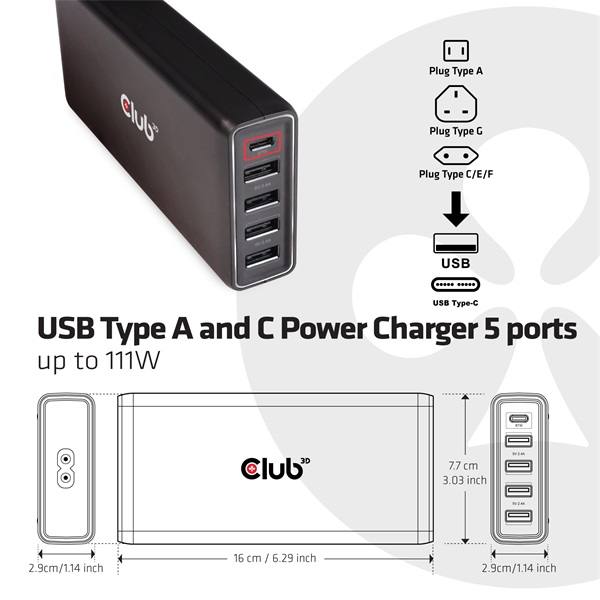 Club 3D Átalakító - CAC-1903 (5 port, 111W töltő, 4xUSB-A, 1xUSB-C PD)