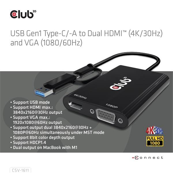Club_3D_Atalakito_-_CSV-1611_USB-C_USB-A_Adapterrel_to_Dual_HDMI_4K30Hz_VGA_108060Hz-i451311.jpg Club 3D Átalakító - CSV-1611(USB-C (USB-A Adapterrel) to Dual HDMI (4K/30Hz) / VGA (1080/60Hz))