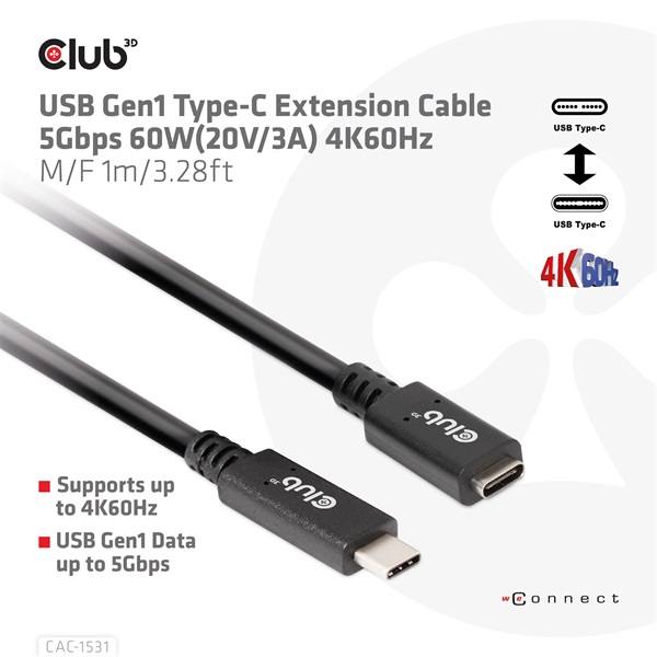 Club_3D_Kabel_-_CAC-1531_USB-C_Gen_1_to_USB-C_5Gbps_60W_4K60Hz_1m-i455201.jpg Club 3D Kábel - CAC-1531 (USB-C Gen 1 to USB-C, 5Gbps, 60W, 4K60Hz, M/F, 1m)