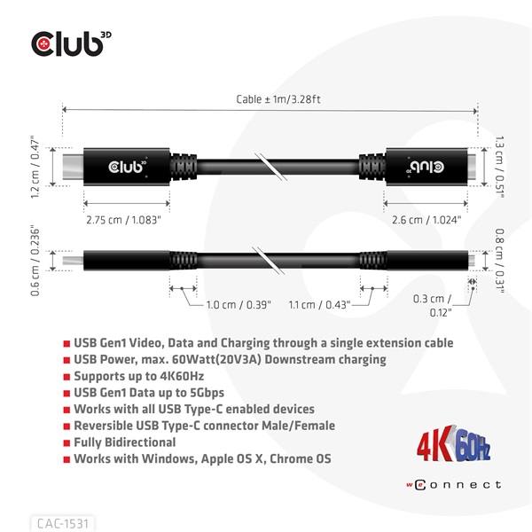 Club_3D_Kabel_-_CAC-1531_USB-C_Gen_1_to_USB-C_5Gbps_60W_4K60Hz_1m-i455206.jpg Club 3D Kábel - CAC-1531 (USB-C Gen 1 to USB-C, 5Gbps, 60W, 4K60Hz, M/F, 1m)