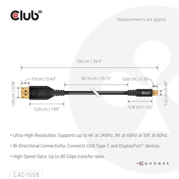 Club_3D_Kabel_-_CAC-1559_USB-C_to_DisplayPort_21_DP80_bidirectional_1m_8K60Hz-i455321.jpg Club 3D Kábel - CAC-1559 (USB-C to DisplayPort 2.1, DP80 Bidirectional, 1m, 8K60Hz)
