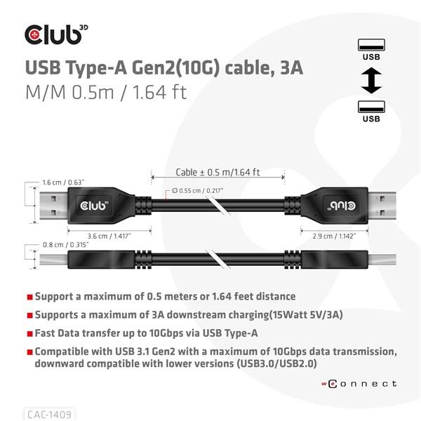 Club 3D kábel - CAC-1409 (USB-A Gen2, M/M, 10Gbps, 3A, 15W, 5V/3A, 0.5m)