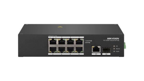Hikvision Din sínes, ipari, 100M POE Switch, 90W, 8+2port, tápegység nélkül