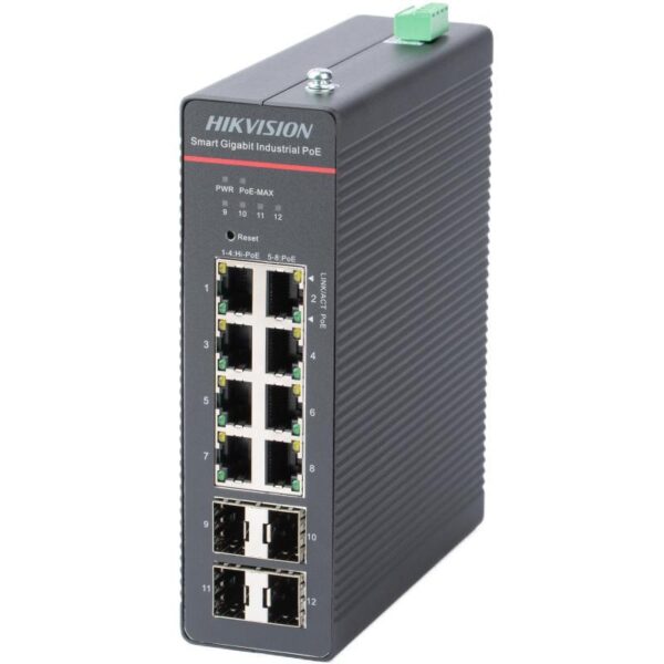 Hikvision Ipari Gigabit POE Switch, 300W, 8 rj45 port+4 SFP port, Din sínes