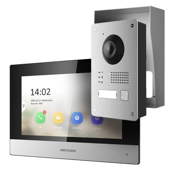 Hikvision DS-KIS703Y-P – Kétvezetékes IP video-kaputelefon szett: kültéri, fekete beltéri