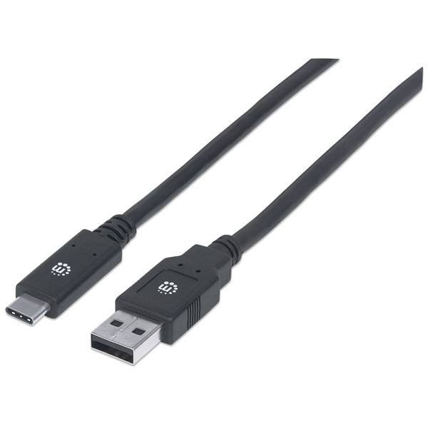 Manhattan Kábel - USB-A (3.0) Male to USB-C Male, 2m, Fekete