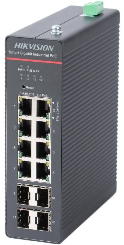 Hikvision DS-3T1512HP-SI-8P4FKIT(75W) – 12 portos ipari Gbit PoE switch (300 W)