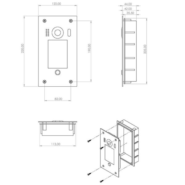 dt611f_kp_fe_draw_800x800.jpg 2EASY 1 lakásos RFID süllyeszthető kaputelefon kültéri egység IP54