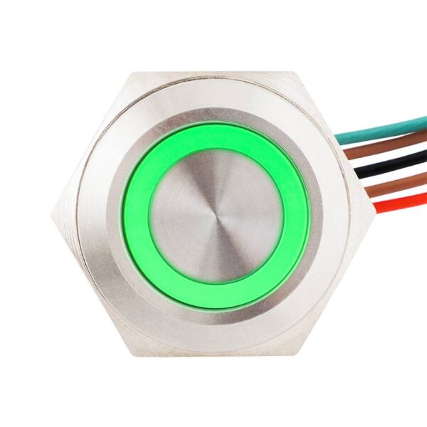 Lapos felületű nyomógomb 16 mm-es furathoz(IP67), NO-COM kimenettel, piros-zöld LED