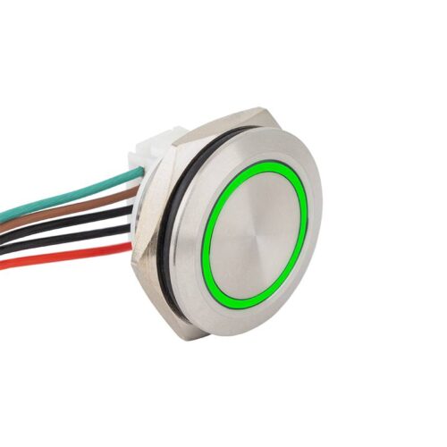 flm19-fj-5-e-rdgn_isoright_led_gn.jpg Lapos felületű nyomógomb 19 mm-es furathoz(IP67), NO-COM kimenettel, piros-zöld LED