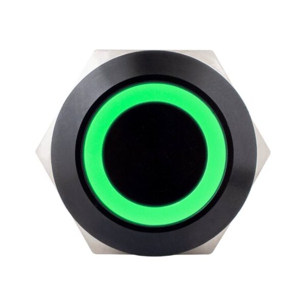 Lapos felületű nyomógomb 19 mm-es furathoz(IP67), fekete házban NO-COM, piros-zöld LED