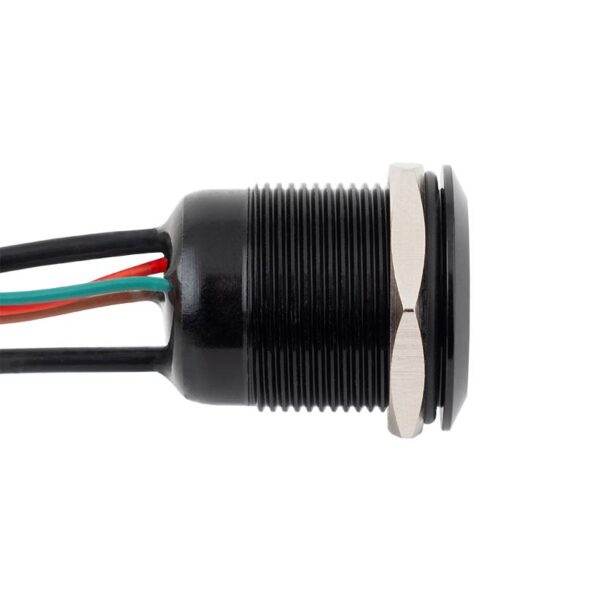 Lapos felületű nyomógomb 19 mm-es furathoz(IP67), fekete házban NO-COM, piros-zöld LED