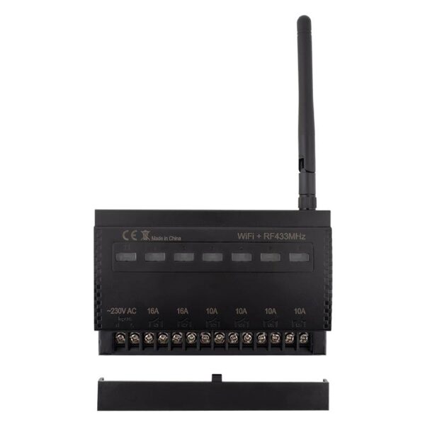 krc-102_frontopen.jpg ET-KRC-102 - 6 csatornás(NO) RF+WiFi vevőegység, 2x16 A + 4x10 A kimenettel