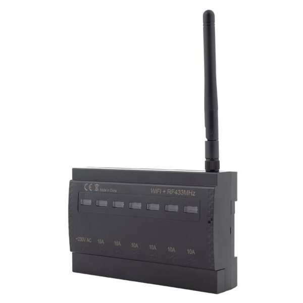 krc-102_isoleft.jpg ET-KRC-102 - 6 csatornás(NO) RF+WiFi vevőegység, 2x16 A + 4x10 A kimenettel