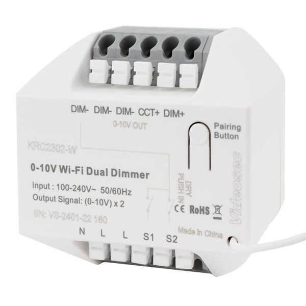 krc2302_w_isoleft.jpg ET-KRC2302-W - 2 csatornás RF + WiFi 0-10V dimmer, (TUYA kompatibilis), 2x 0-100% szabályzott kimenet