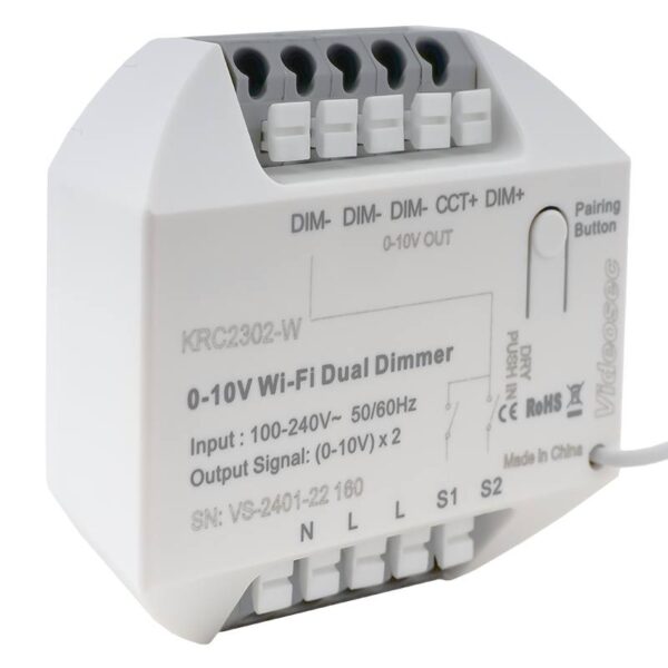 krc2302_w_isoright.jpg ET-KRC2302-W - 2 csatornás RF + WiFi 0-10V dimmer, (TUYA kompatibilis), 2x 0-100% szabályzott kimenet