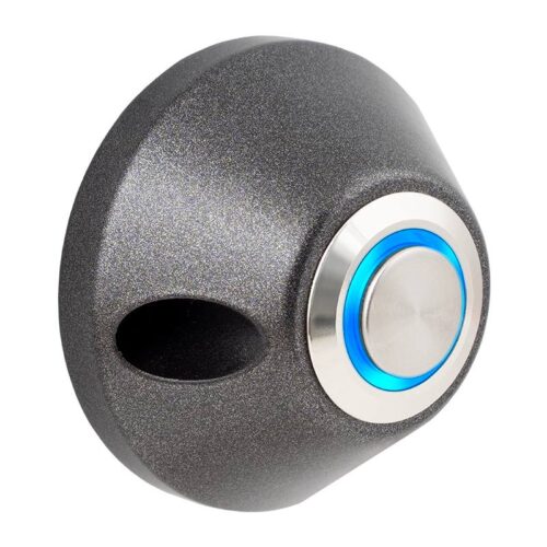 Felületre szerelhető, kúp alakú fémházas nyomógomb, kék LED gyűrűvel (NO/NC)