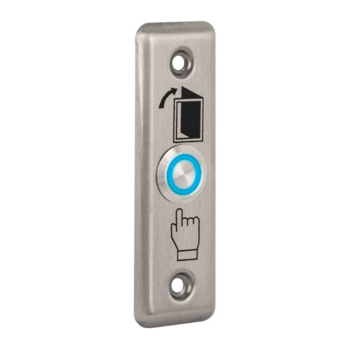 Kimagasló felületű nyomógomb 92 x 29 mm-es INOX pajzzsal - NO - LED kék - cseppálló
