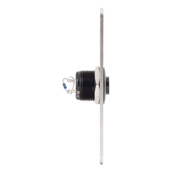 pbk-b-19-no-bk_led_-rdgn_side.jpg Kimagasló felületű Ø19 mm-es nyomógomb(IP65) fekete házban 35 mm széles pajzzsal-NO - piros-zöld LED