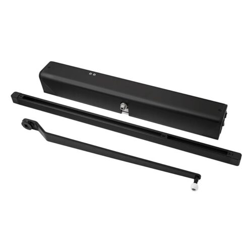 sdo-501-bk_set.jpg Elektromos ajtócsukó megerősített hajtással - befelé nyíló ajtókra - csúszósínes - applikációval - fekete