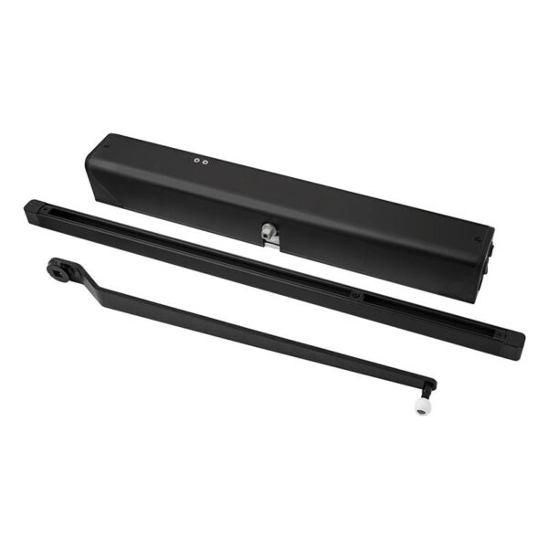 sdo-501-bk_set.jpg Elektromos ajtócsukó megerősített hajtással - befelé nyíló ajtókra - csúszósínes - applikációval - fekete