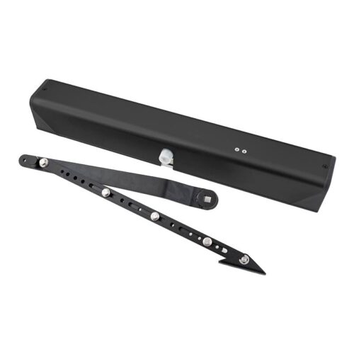 sdo-502-bk_set.jpg Elektromos ajtócsukó megerősített hajtással - kifelé nyíló ajtókra - tolókaros - applikációval - fekete