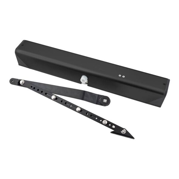 sdo-502-bk_set.jpg Elektromos ajtócsukó megerősített hajtással - kifelé nyíló ajtókra - tolókaros - applikációval - fekete