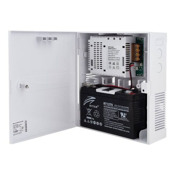 sphd1203-01b_nyitottisoleftteli.jpg Szünetmentes tápegység csavarral zárható dobozban 13,8 V DC 3A