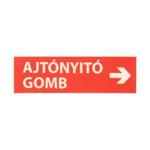 tabla-1e-uv-rd_front.jpg Kis méretű utánvilágítós tábla, piros alapon fehér ''AJTÓNYITÓ GOMB ->'' szöveggel