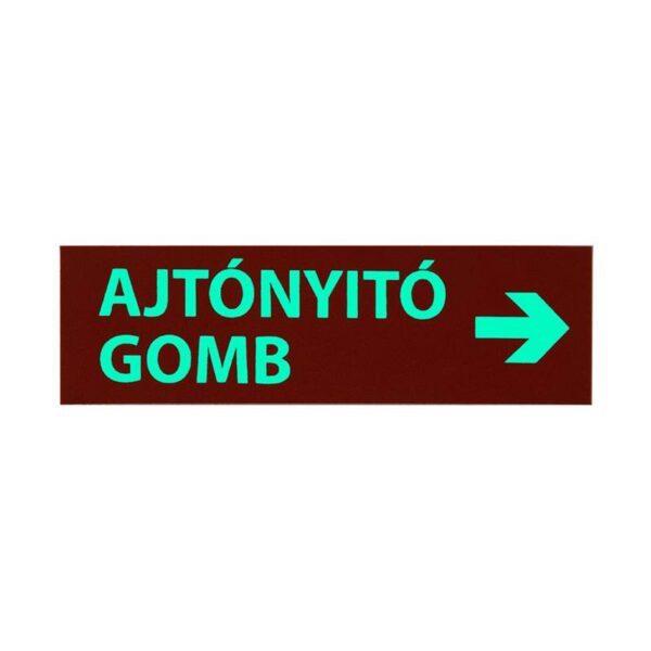 Kis méretű utánvilágítós tábla, piros alapon fehér ''AJTÓNYITÓ GOMB ->'' szöveggel