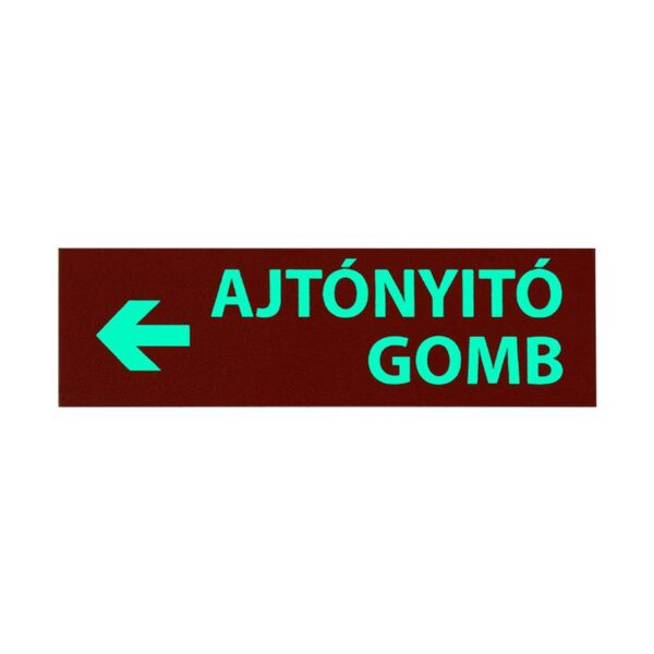 tabla-1f-uv-rd_vil_g_t_s.jpg Kis méretű utánvilágítós tábla, piros alapon fehér ''<- AJTÓNYITÓ GOMB'' szöveggel