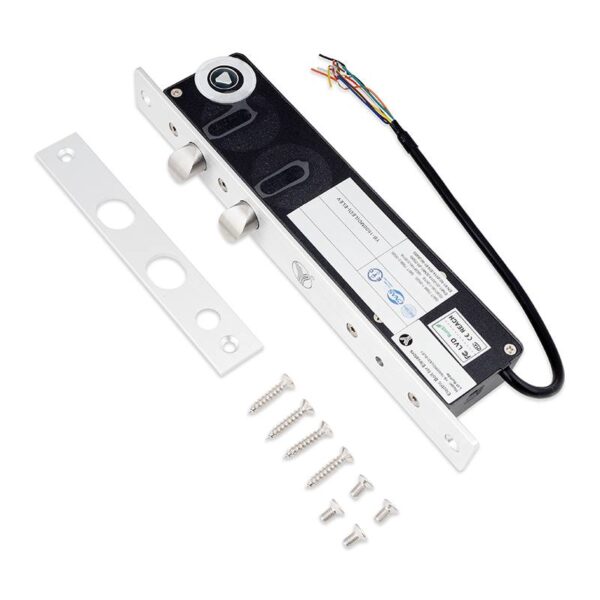 OUTLET: Motoros csapzár dupla reteszeléssel két szárnyú nyíló ajtóhoz - Fail-secure - áramszünet esetén zárt - kényszerkulcsal nyitható - 12-28V DC - ajtó és zár állapot visszajelzéssel - időzítéssel - LED